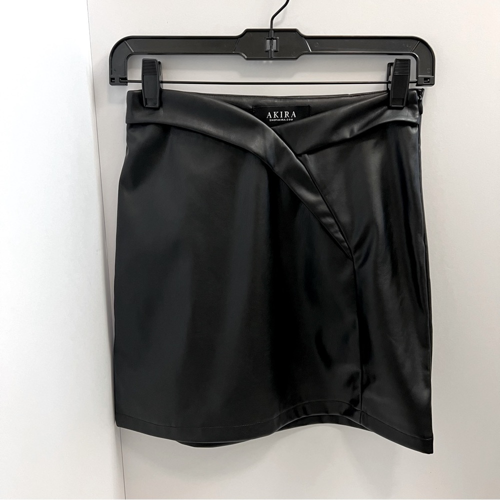 AKIRA Faux Leather Crossover Front Mini Skirt-Black - Picture 8 of 12
